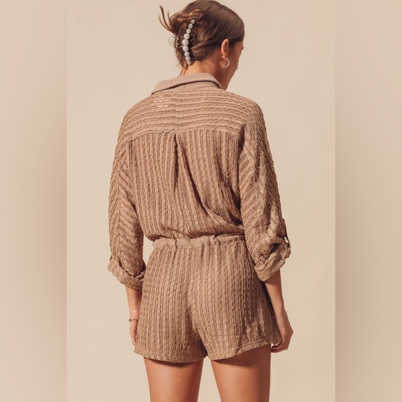 White ivory textured lace crochet knit button drawstring boho bohemian romper … - Picture 6 of 9